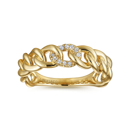 14K Yellow Gold Chain Link Ring Band with Pave Diamond Station