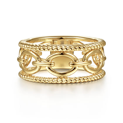14K Yellow Gold Chain Link Ring with Twisted Rope Frame