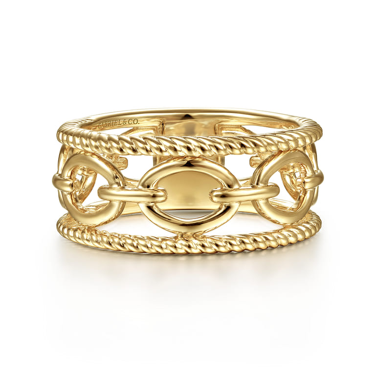 14K Yellow Gold Chain Link Ring with Twisted Rope Frame - Shot 1