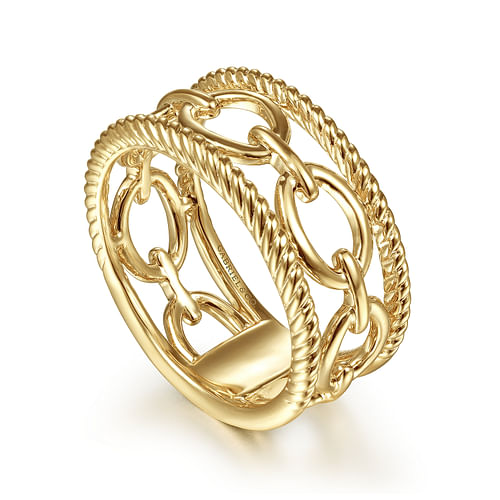 14K Yellow Gold Chain Link Ring with Twisted Rope Frame - Shot 3