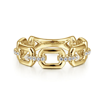 14K Yellow Gold Chain Link Stackable Ring Band with Diamond Connectors