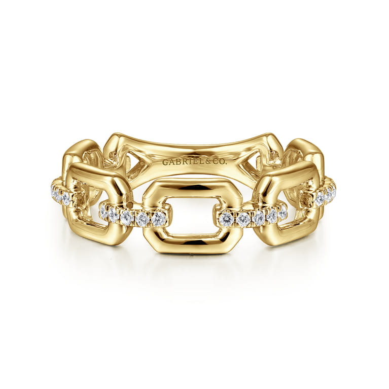 14K Yellow Gold Chain Link Stackable Ring Band with Diamond Connectors - 0.1 ct - Shot 1
