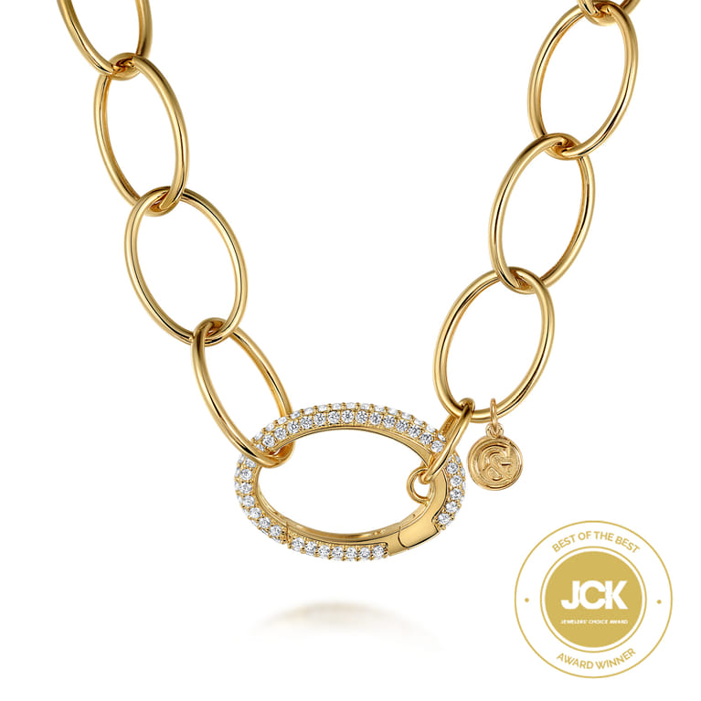 14K Yellow Gold Chain Necklace with Diamond Oval Pendant - 1.35 ct - Shot 1
