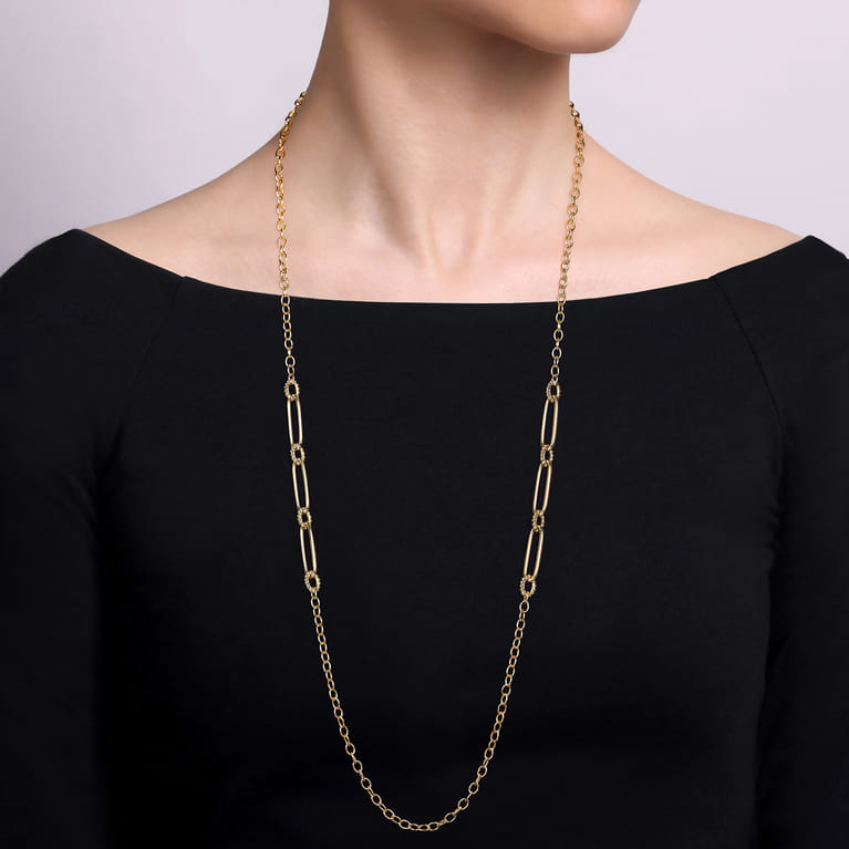 14K Yellow Gold Chain Necklace with Paper Clip Stations - Shot 3