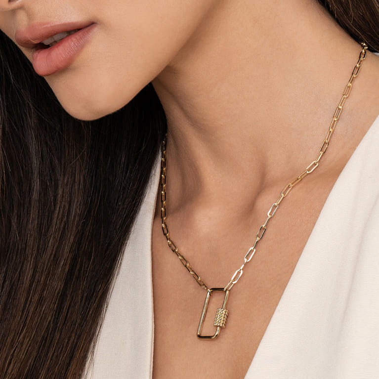 14K Yellow Gold Chain Necklace with Rectangle Drop - Shot 4