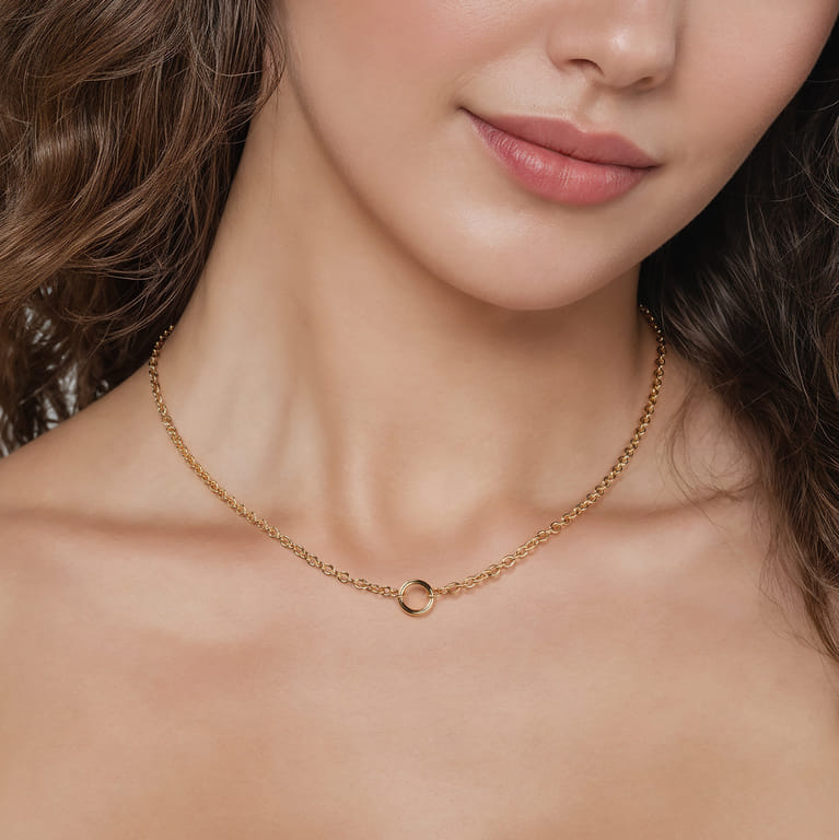 14K Yellow Gold Chain Necklace with Single Circle Station - Shot 3