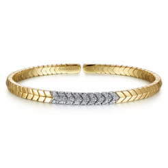 14K Yellow Gold Chevron Cuff Bracelet with White Gold Diamond Pave Station