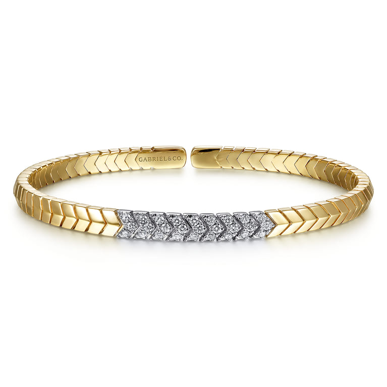 14K Yellow Gold Chevron Cuff Bracelet with White Gold Diamond Pave Station - 0.35 ct - Shot 1