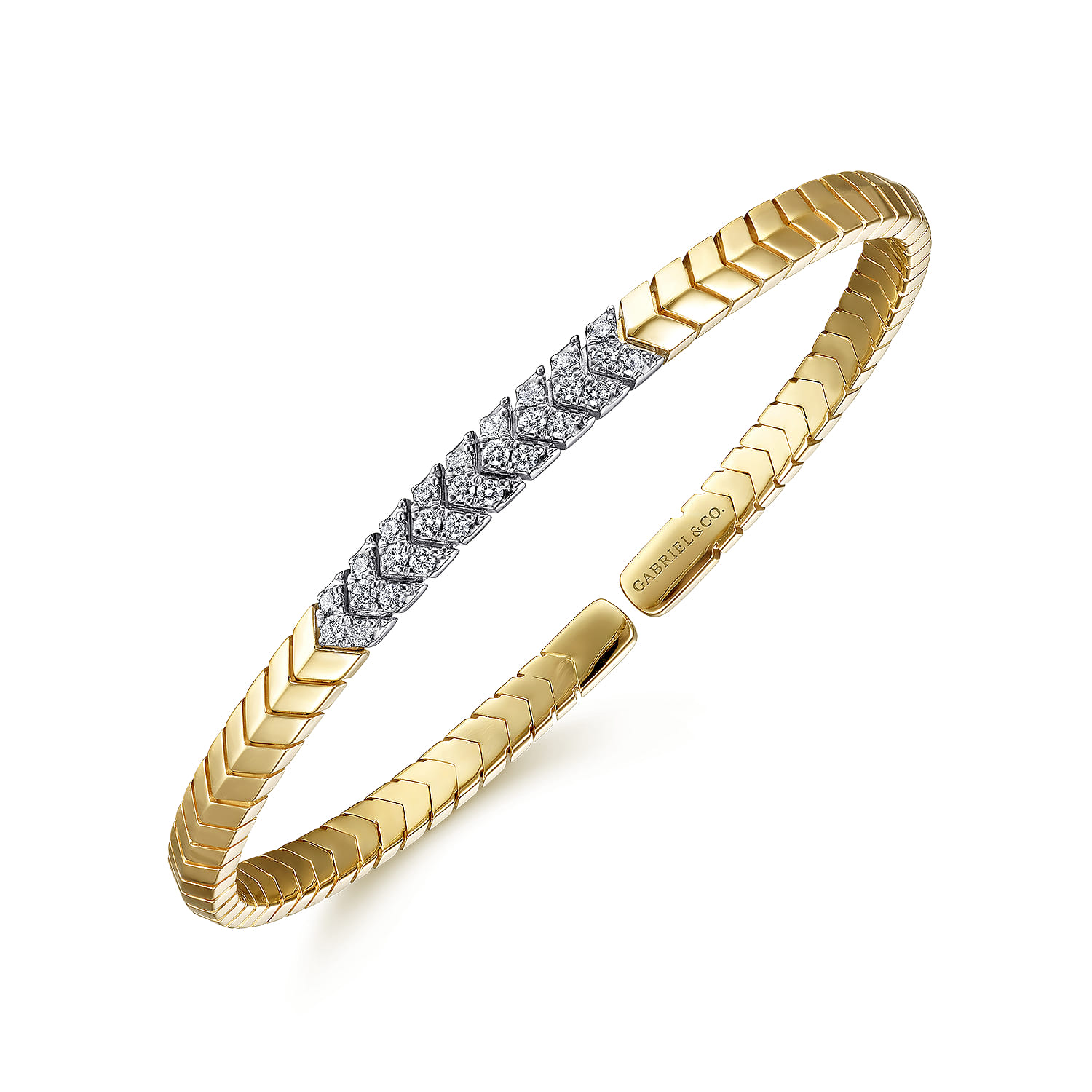 14K Yellow Gold Chevron Cuff Bracelet with White Gold Diamond Pave Station - 0.35 ct - Shot 2