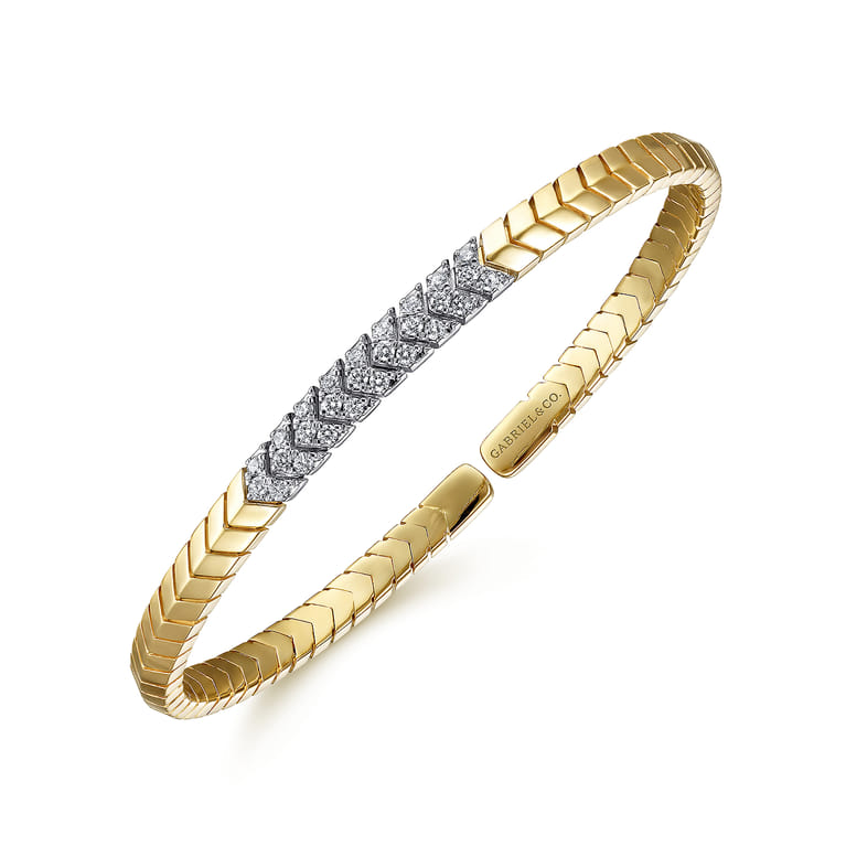 14K Yellow Gold Chevron Cuff Bracelet with White Gold Diamond Pave Station - 0.35 ct - Shot 2