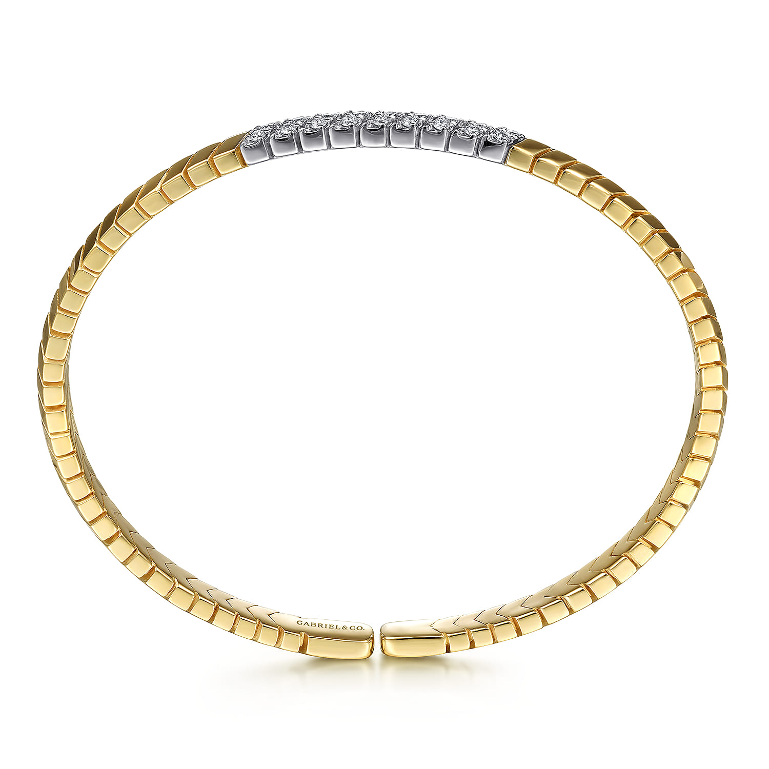14K Yellow Gold Chevron Cuff Bracelet with White Gold Diamond Pave Station - 0.35 ct - Shot 3