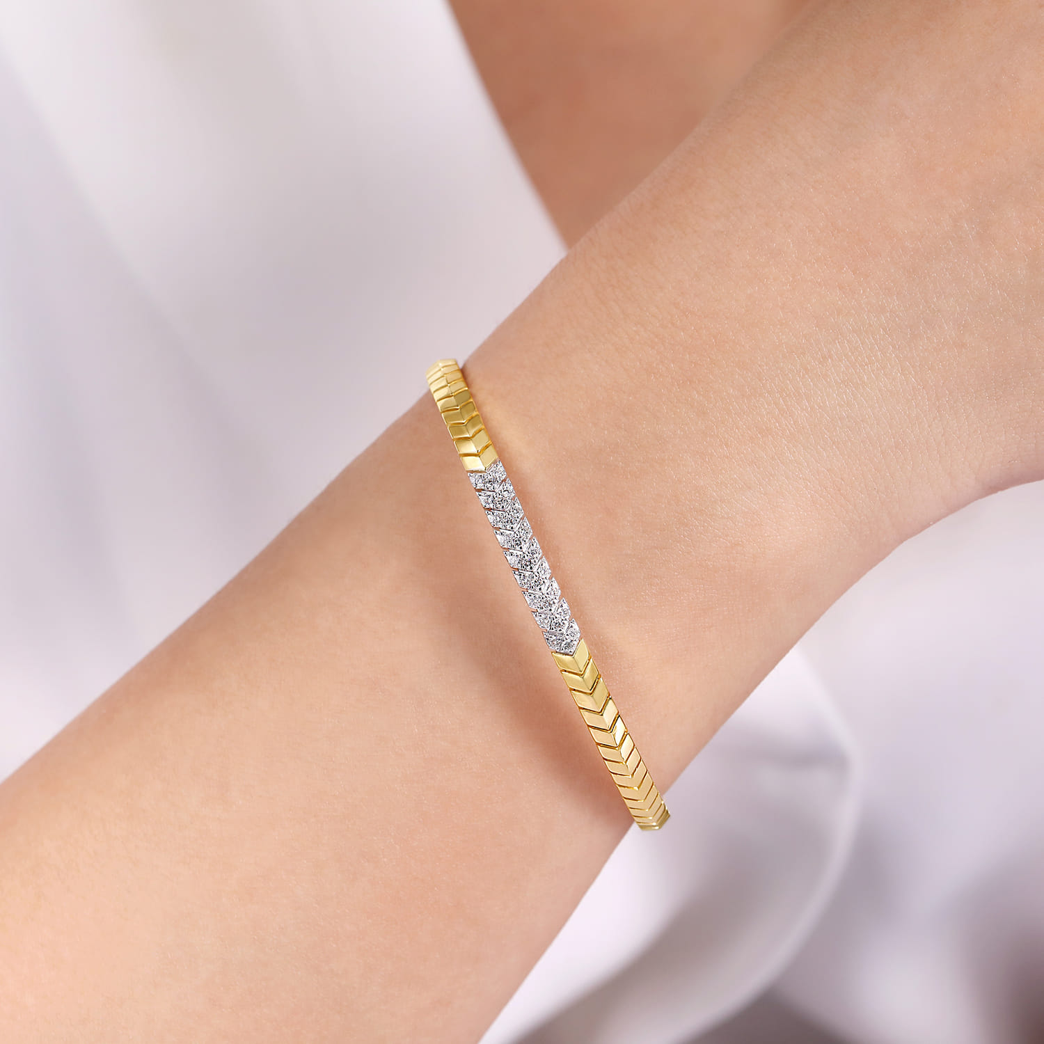 14K Yellow Gold Chevron Cuff Bracelet with White Gold Diamond Pave Station - 0.35 ct - Shot 4