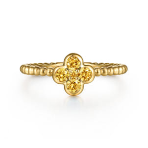 14K Yellow Gold Citrine Cluster Clover and Bujukan Bead Stackable Ring