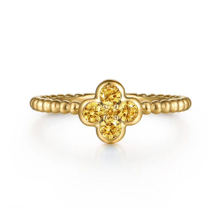 14K Yellow Gold Citrine Cluster Clover and Bujukan Bead Stackable Ring - Shot 1