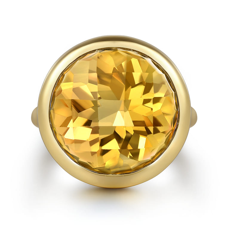 14K Yellow Gold Citrine Round Shape Ladies Ring With Flower Pattern J-Back - Shot 1
