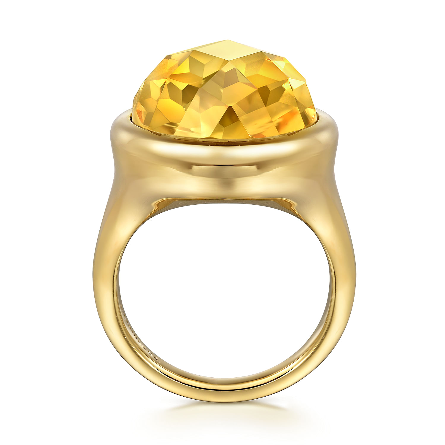 14K Yellow Gold Citrine Round Shape Ladies Ring With Flower Pattern J-Back
