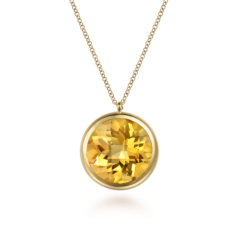 14K Yellow Gold Citrine Round Shape Necklace With Flower Pattern J-Back - Shot 1