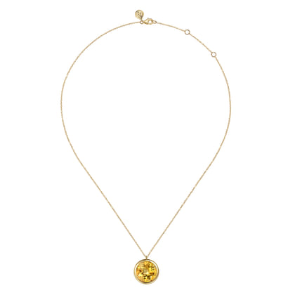 14K Yellow Gold Citrine Round Shape Necklace With Flower Pattern J-Back