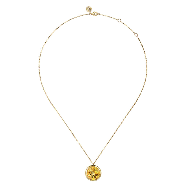 14K Yellow Gold Citrine Round Shape Necklace With Flower Pattern J-Back