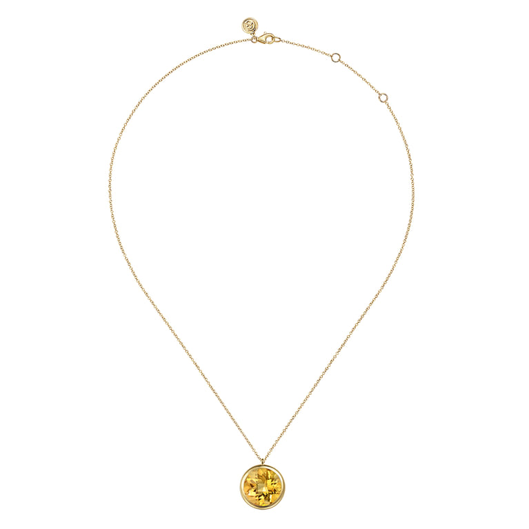 14K Yellow Gold Citrine Round Shape Necklace With Flower Pattern J-Back - Shot 2
