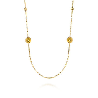 14K Yellow Gold Citrine Round Shape Necklace With Four Stations Beads and Bezel Setting