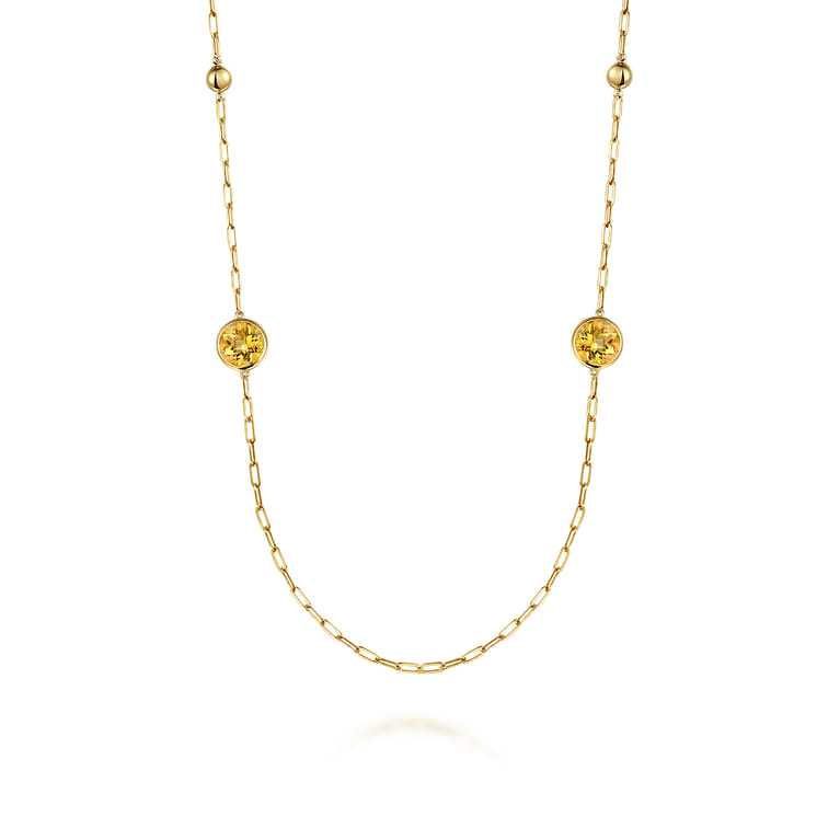 14K Yellow Gold Citrine Round Shape Necklace With Four Stations Beads and Bezel Setting - Shot 1