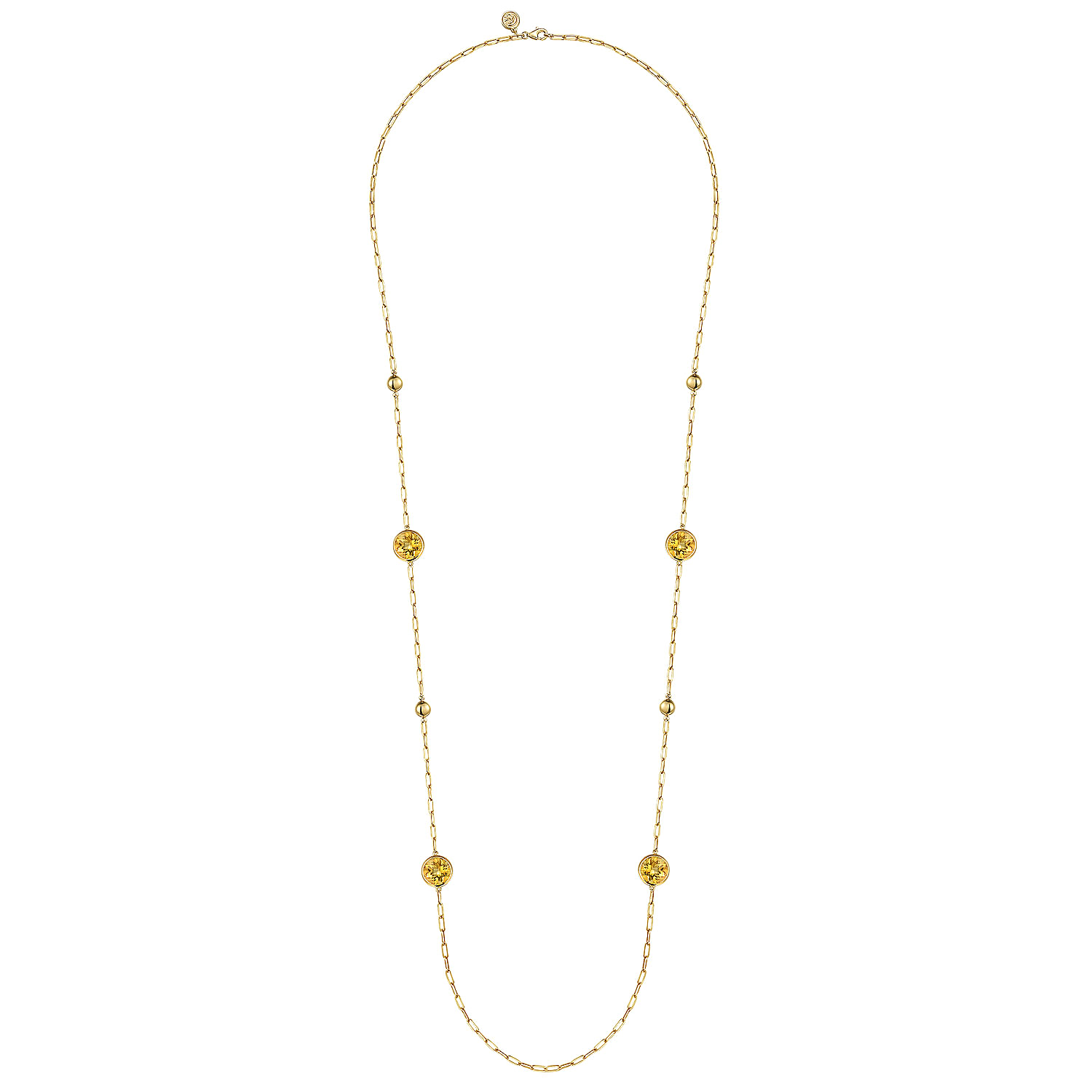 14K Yellow Gold Citrine Round Shape Necklace With Four Stations Beads and Bezel Setting - Shot 2