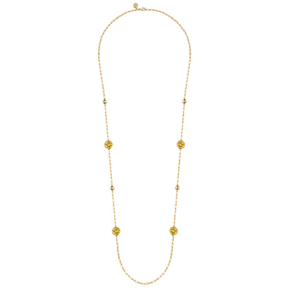 14K Yellow Gold Citrine Round Shape Necklace With Four Stations Beads and Bezel Setting