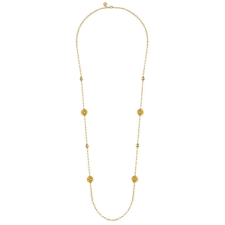14K Yellow Gold Citrine Round Shape Necklace With Four Stations Beads and Bezel Setting - Shot 2