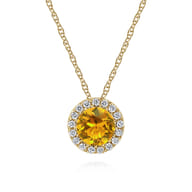 14K Yellow Gold Citrine and Diamond Halo Pendant Necklace
