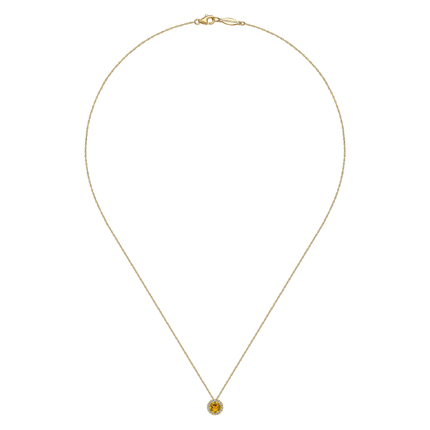 14K Yellow Gold Citrine and Diamond Halo Pendant Necklace
