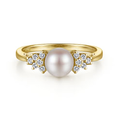 14K Yellow Gold Classic Cultured Pearl Diamond Accented Stackable Ring