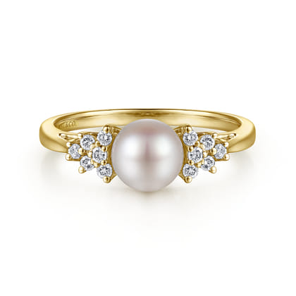 14K Yellow Gold Classic Cultured Pearl Diamond Accented Stackable Ring