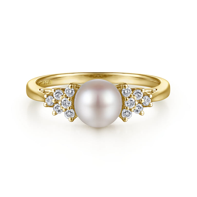 14K Yellow Gold Classic Cultured Pearl Diamond Accented Stackable Ring - 0.12 ct - Shot 1