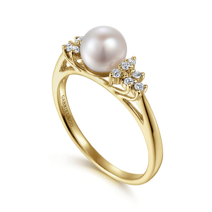 14K Yellow Gold Classic Cultured Pearl Diamond Accented Stackable Ring