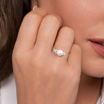 14K Yellow Gold Classic Cultured Pearl Diamond Accented Stackable Ring