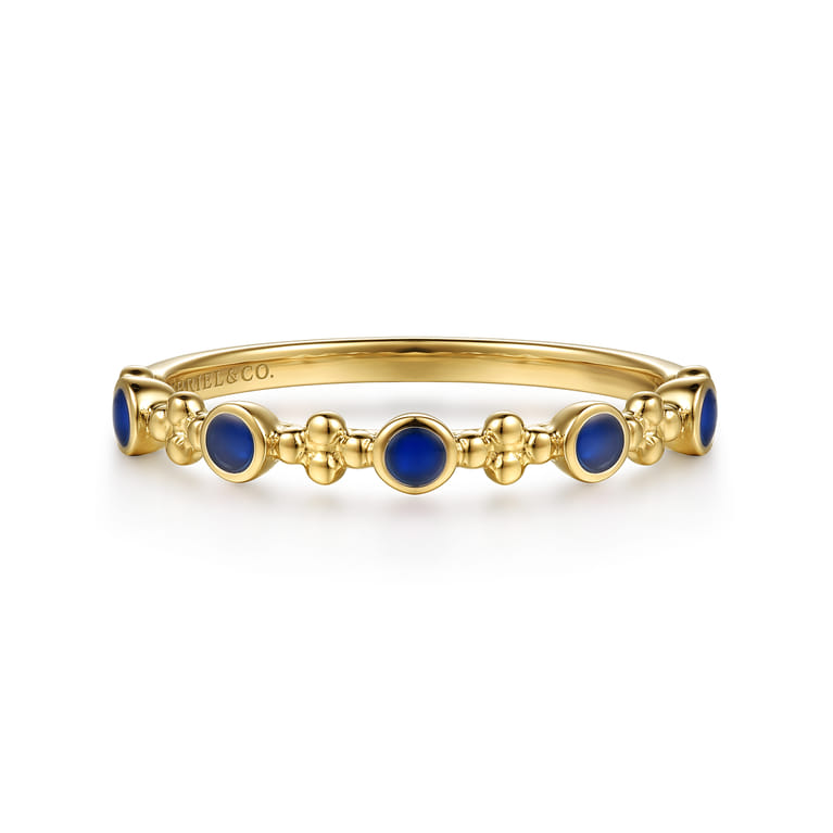 14K Yellow Gold Clover Bujukan and Round Shape Stackable Ring with Chrome Blue Enamel - Shot 1