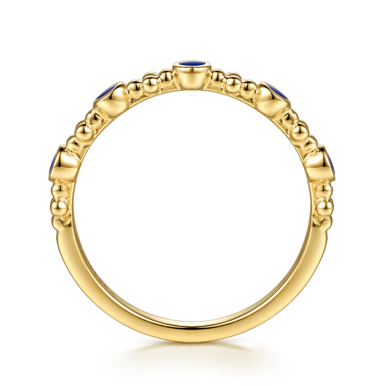 14K Yellow Gold Clover Bujukan and Round Shape Stackable Ring with Chrome Blue Enamel - Shot 2