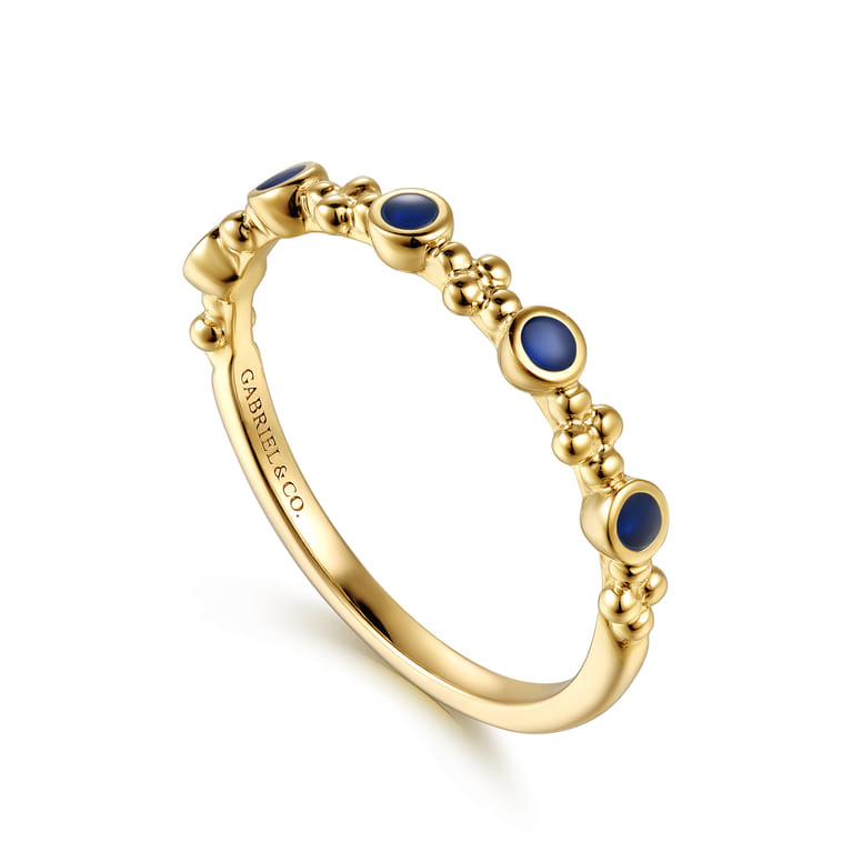 14K Yellow Gold Clover Bujukan and Round Shape Stackable Ring with Chrome Blue Enamel - Shot 3
