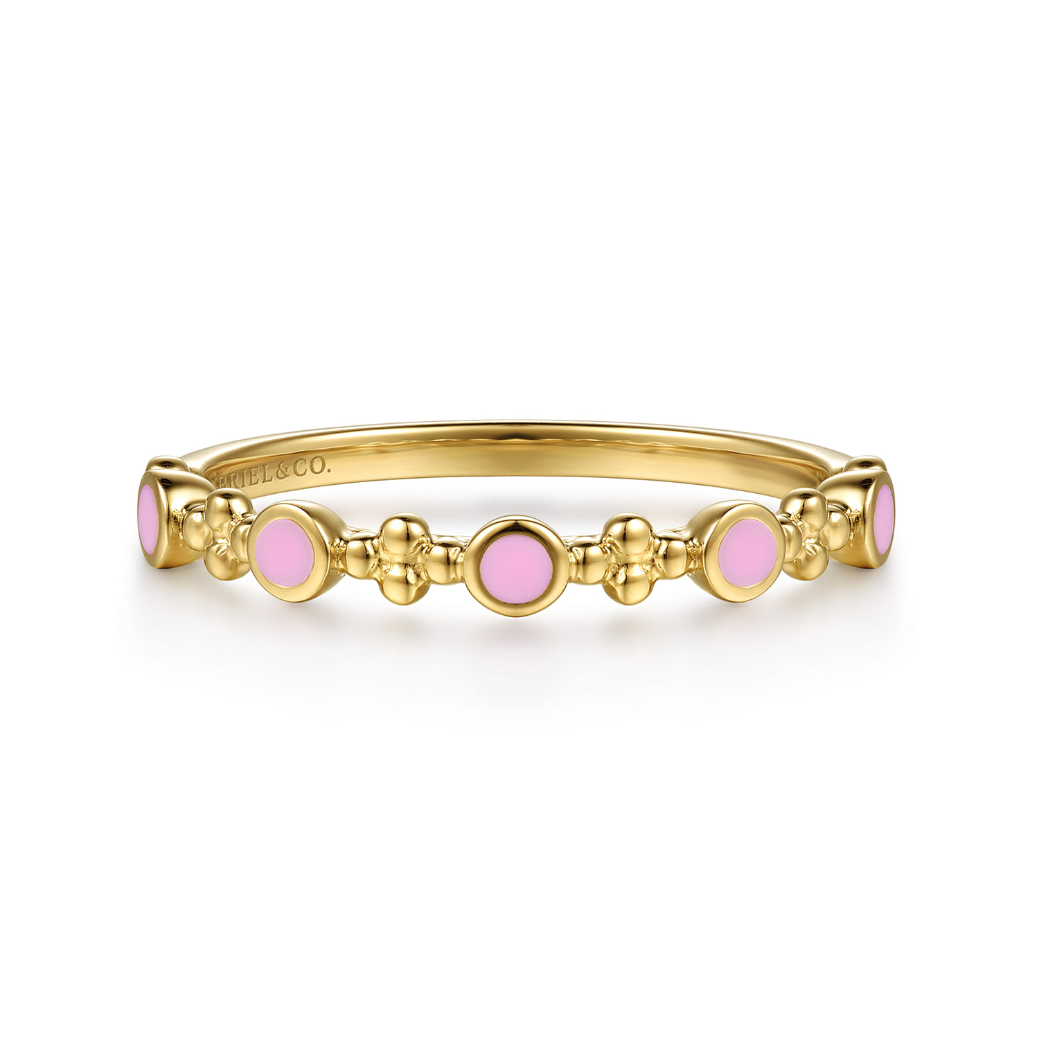 14K Yellow Gold Clover Bujukan and Round Shape Stackable Ring with Millennial Pink Enamel - Shot 1