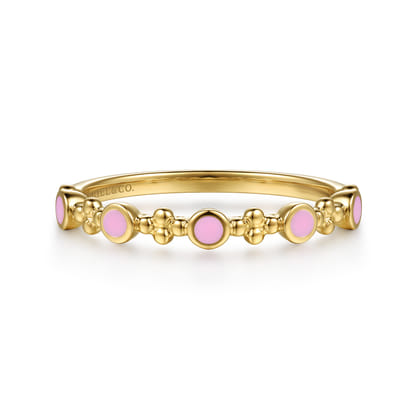 14K Yellow Gold Clover Bujukan and Round Shape Stackable Ring with Millennial Pink Enamel