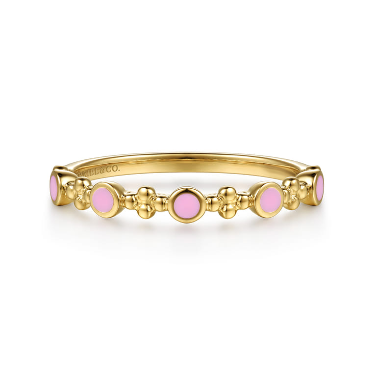 14K Yellow Gold Clover Bujukan and Round Shape Stackable Ring with Millennial Pink Enamel - Shot 1