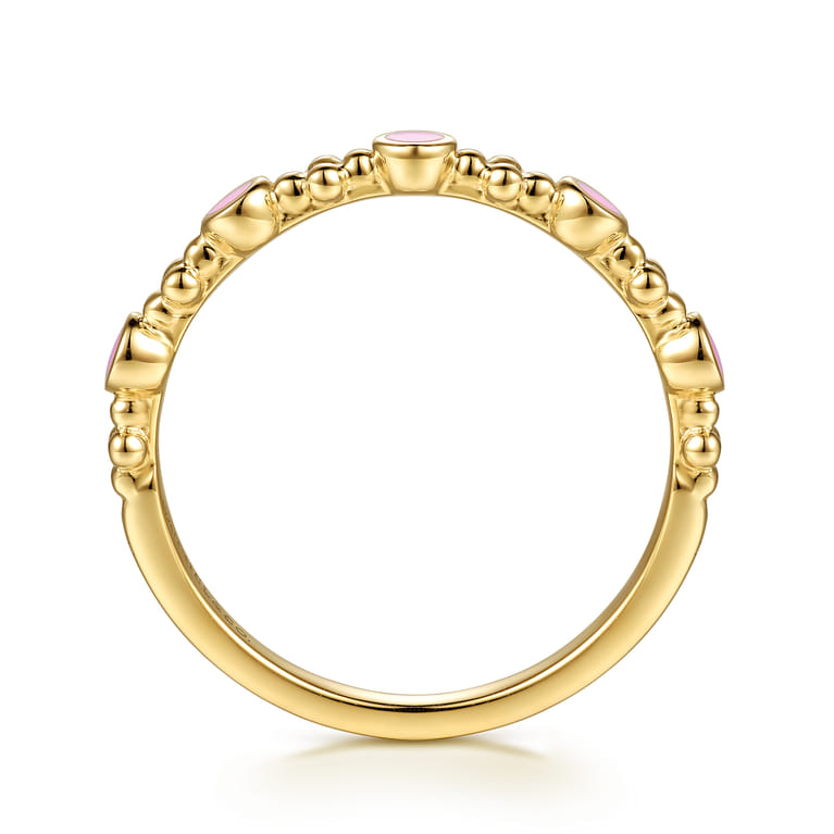 14K Yellow Gold Clover Bujukan and Round Shape Stackable Ring with Millennial Pink Enamel - Shot 2