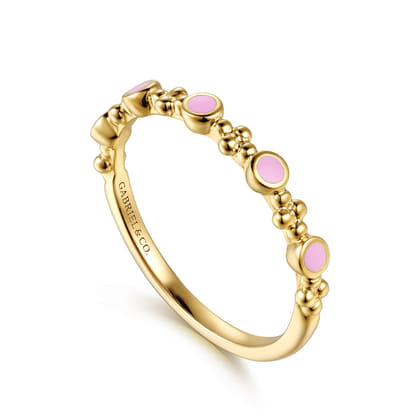 14K Yellow Gold Clover Bujukan and Round Shape Stackable Ring with Millennial Pink Enamel
