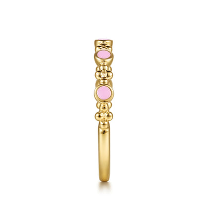 14K Yellow Gold Clover Bujukan and Round Shape Stackable Ring with Millennial Pink Enamel