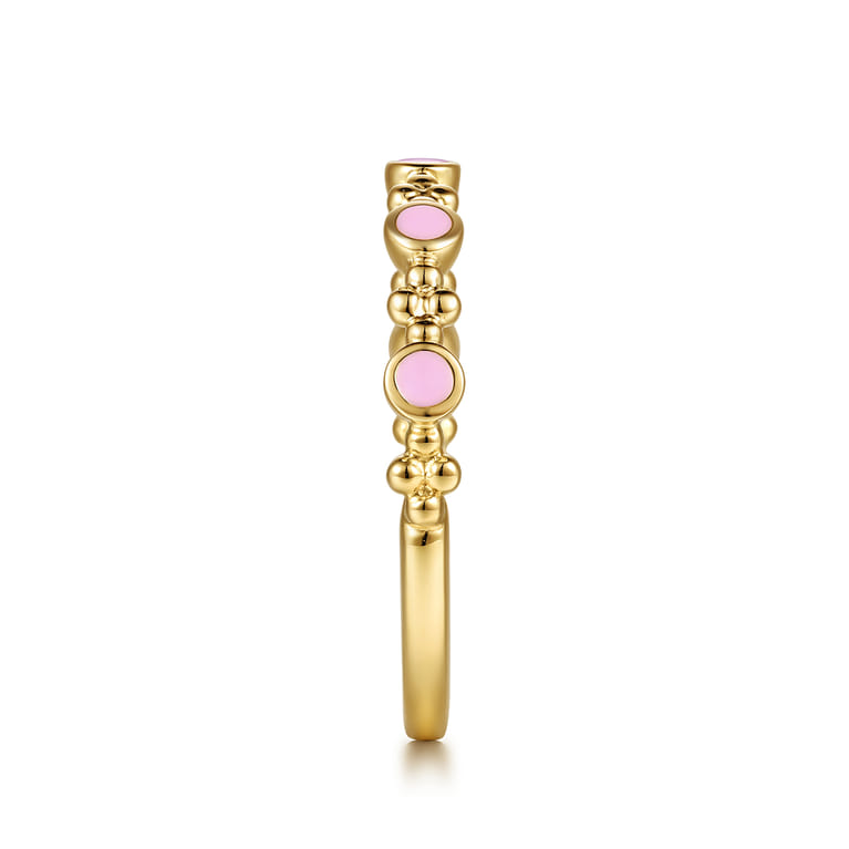 14K Yellow Gold Clover Bujukan and Round Shape Stackable Ring with Millennial Pink Enamel - Shot 4