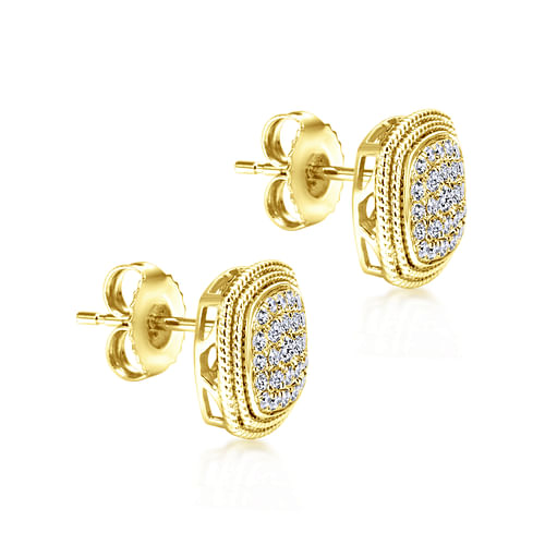 14K Yellow Gold Cluster Diamond Cushion Stud Earrings with Milgrain Border - 0.45 ct - Shot 2