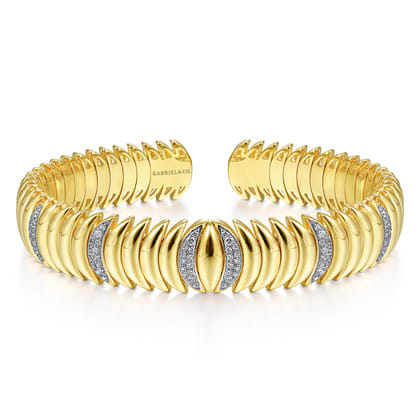 14K Yellow Gold Crescent Moon Cuff with Diamond Pave Stations