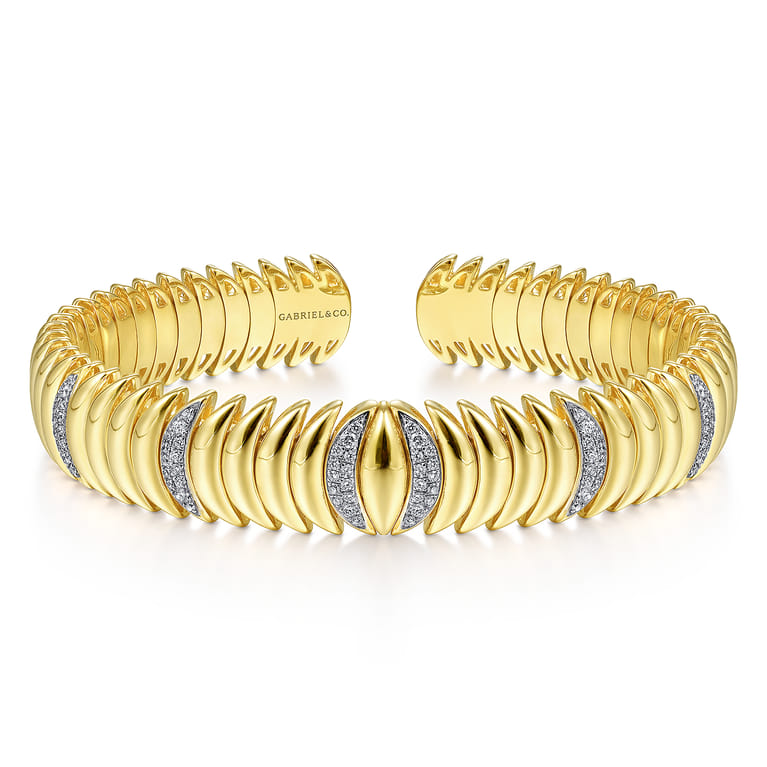 14K Yellow Gold Crescent Moon Cuff with Diamond Pave Stations - 0.45 ct - Shot 1