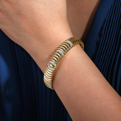 14K Yellow Gold Crescent Moon Cuff with Diamond Pave Stations